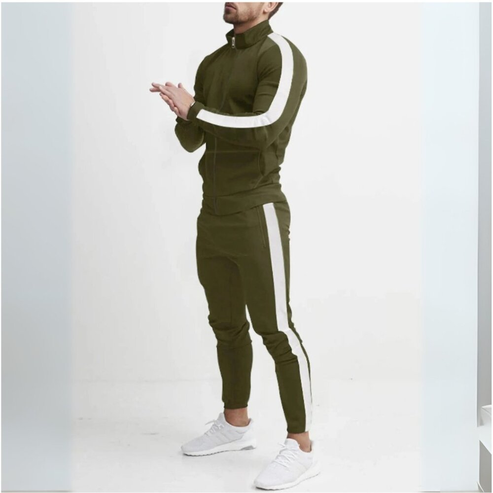 Men's Military Green & White Side Stripe Zip Up Top & Pants Athletic Outfit